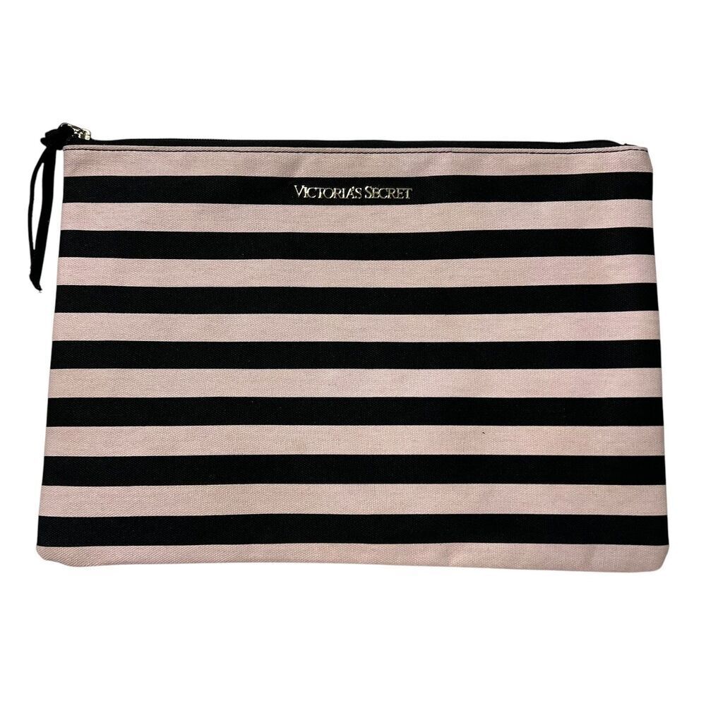 Victoria's Secret Pouch Cosmetic Bag Stripe Travel Accessory Black Pink Canva